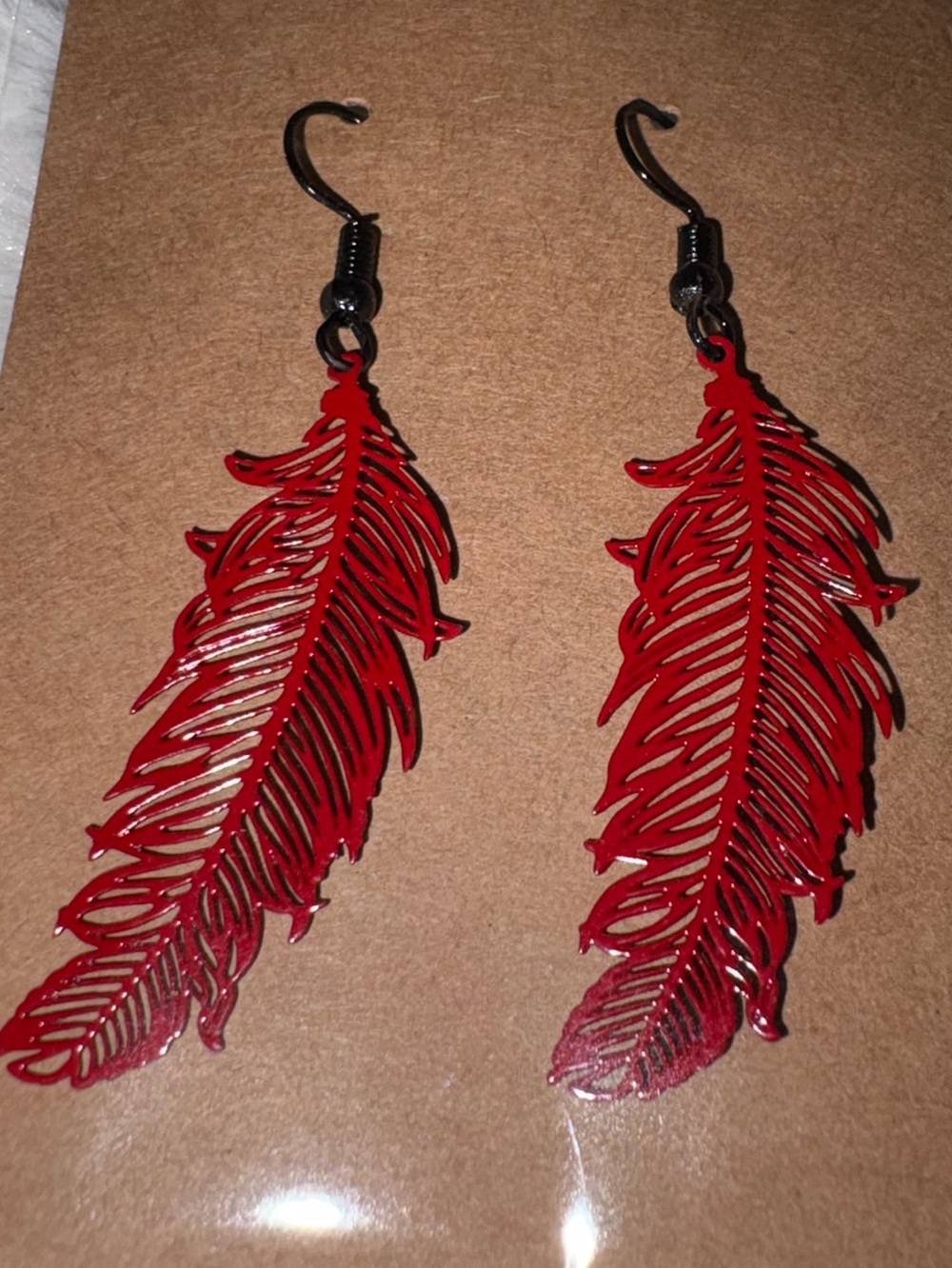 Red Feather Drop Earrings - Unbranded